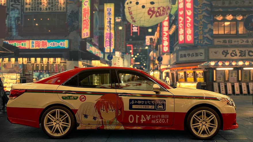Taxi, Giappone, strada, città, mezzi di trasporto, traffico, notte, auto, vita di città, velocità, illuminato