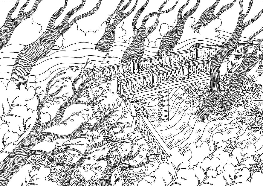 Příroda, most, kreslení čar, ručně malované, stromy, park, les, cesta, volný čas, relaxace, krajina