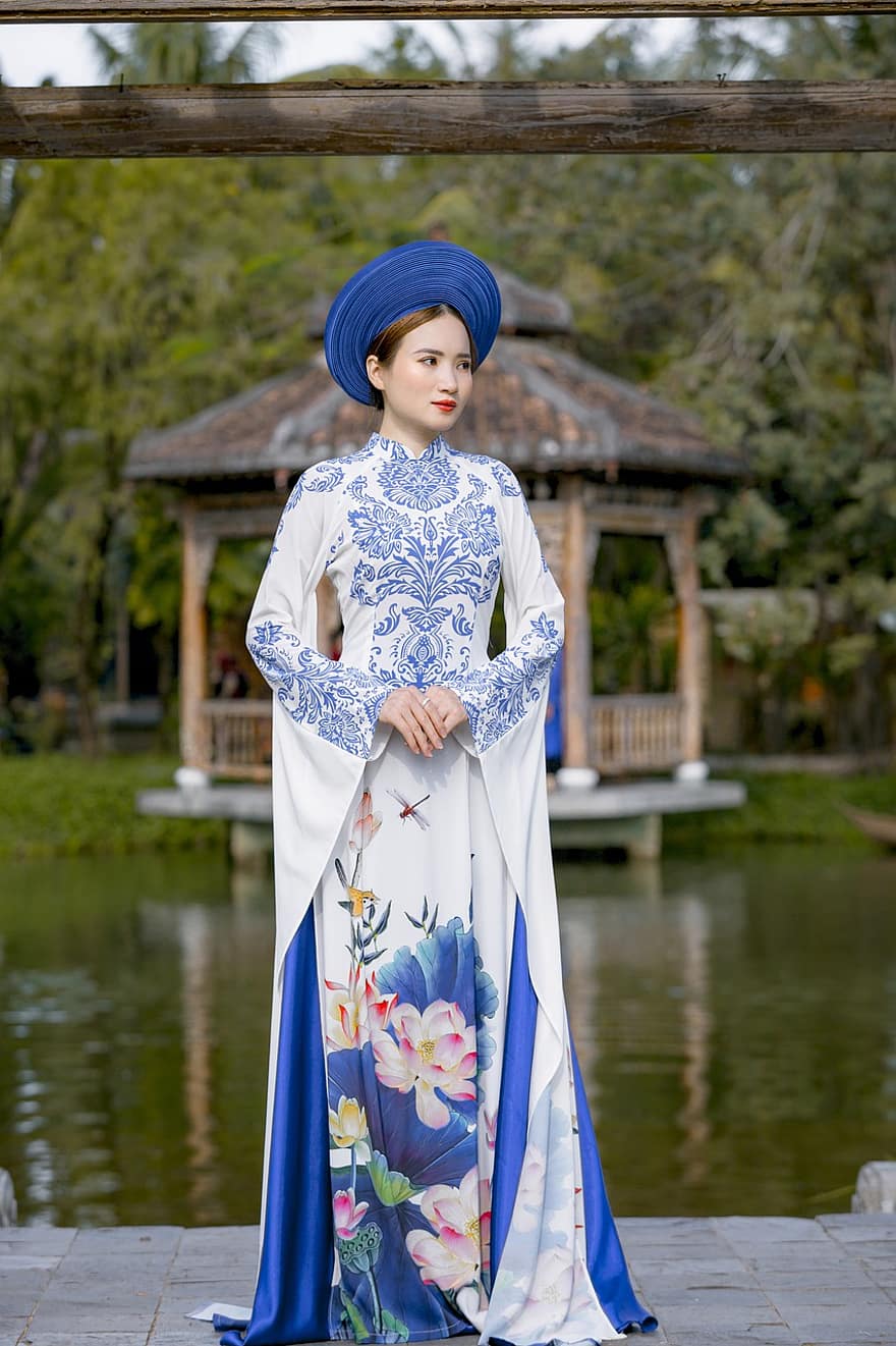 ao dai, moda, mulher, vietnamita, Vestido Nacional do Vietnã, tradicional, lindo, bonita, menina, pose, modelo