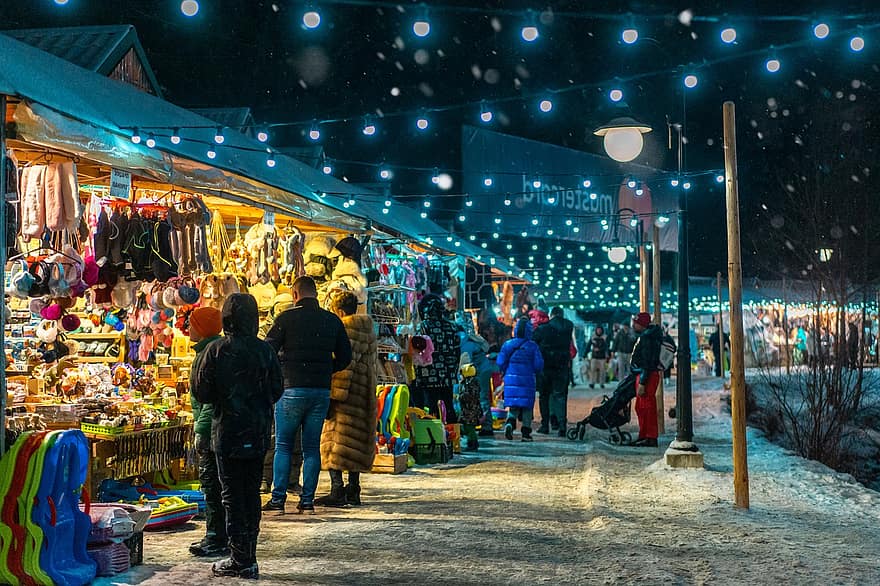 クリスマス、市場、シーズン、冬、休日、通り、お祝いの、クリスマスマーケット