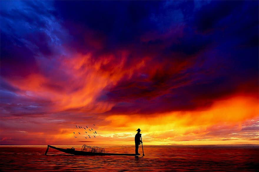 adam, balıkçı, kano, tekne, kuşlar, deniz, siluet, gün batımı, gökyüzü, kişi, akşam karanlığı