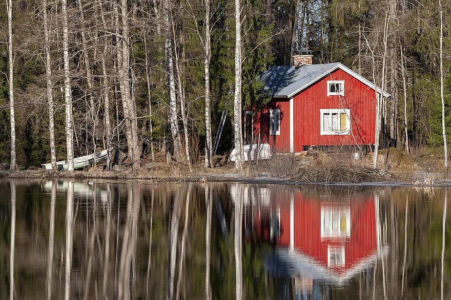 chalupa, Saunová chata, řeka, krajina, Finsko, les
