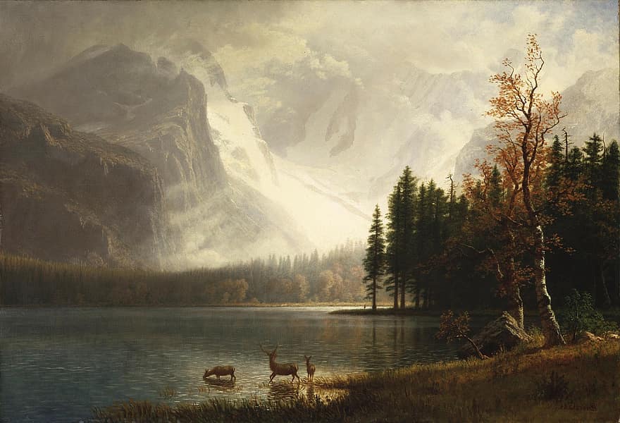 Albert Bierstadt, Malerei, Kunst, Öl auf Leinwand, künstlerisch, Landschaft, Natur, draußen, Bäume, Himmel, Wolken