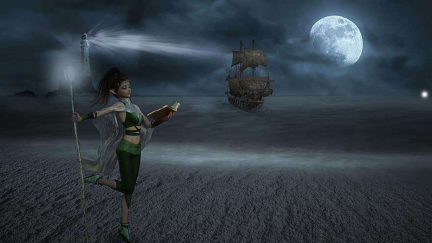 Background, Ocean, Lighthouse, Ship, Elf, computer graphic, night, dark, fantasy, young adult, women