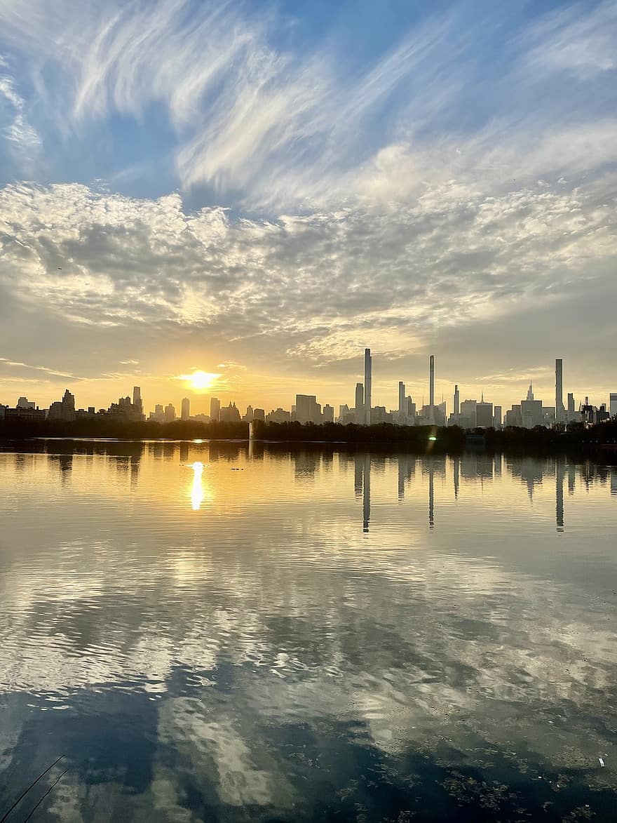 Parque Central, Nova york, Nova York, cidade de Nova York, por do sol, crepúsculo, reflexão, paisagem urbana, arranha-céu, agua, horizonte urbano