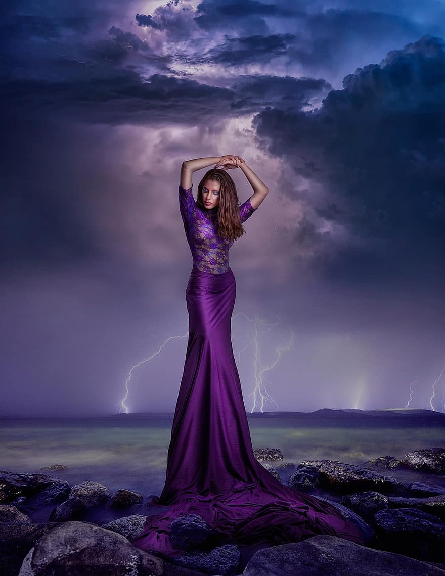 kvinne, bergarter, kjole, natt, mote, skyer, torden, storm, hav