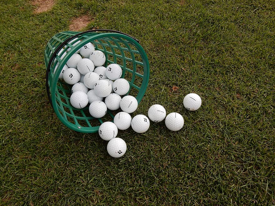 deporte, golf, conducción, distancia, bola, cesta, verde, hierba, blanco, bolas, al aire libre