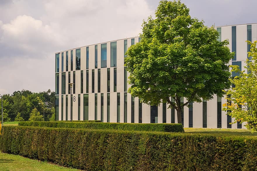Building, Facade, Architecture, Stuttgart, Germany, Tree, Hedge, Nature, Window, City, Modern