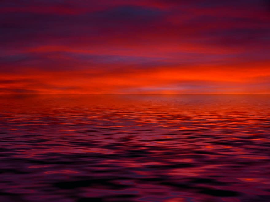 日の出、雲、赤、オレンジ、気分、水、波、ミラーリング、雰囲気、ピンク、紫の