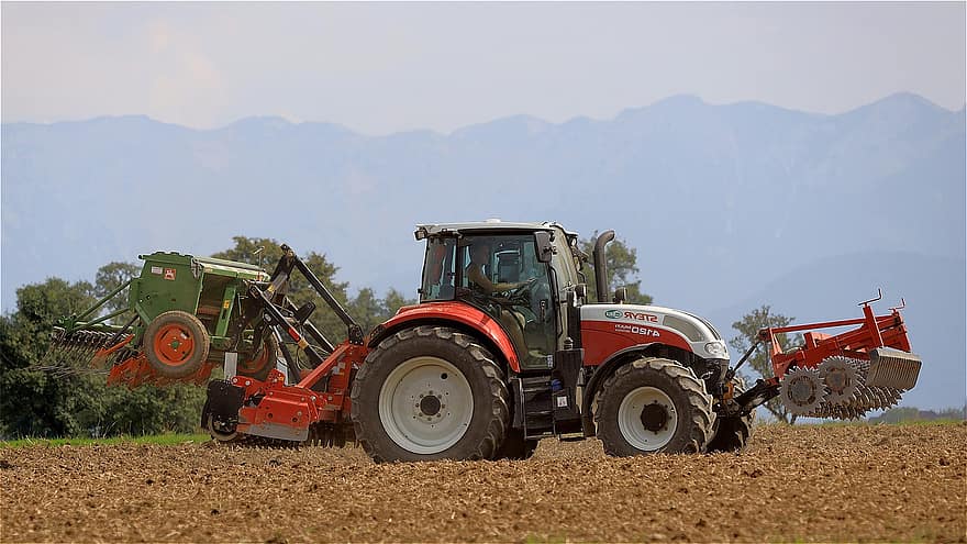 traktor, dyrkbar jord, jordbruk, landskap, seeder, felt, landlig, landbruksmaskiner, arbeider, maskineri, gård