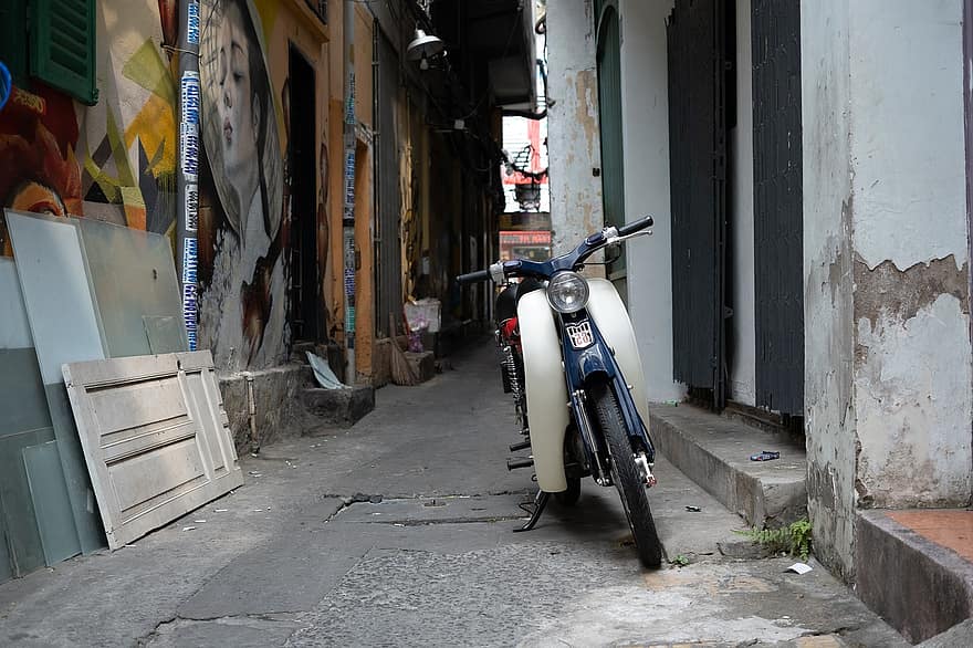 Moped, Motorbike, Alley, Street, Motorcycle, Scooter, Passageway, transportation, mode of transport, architecture, city life
