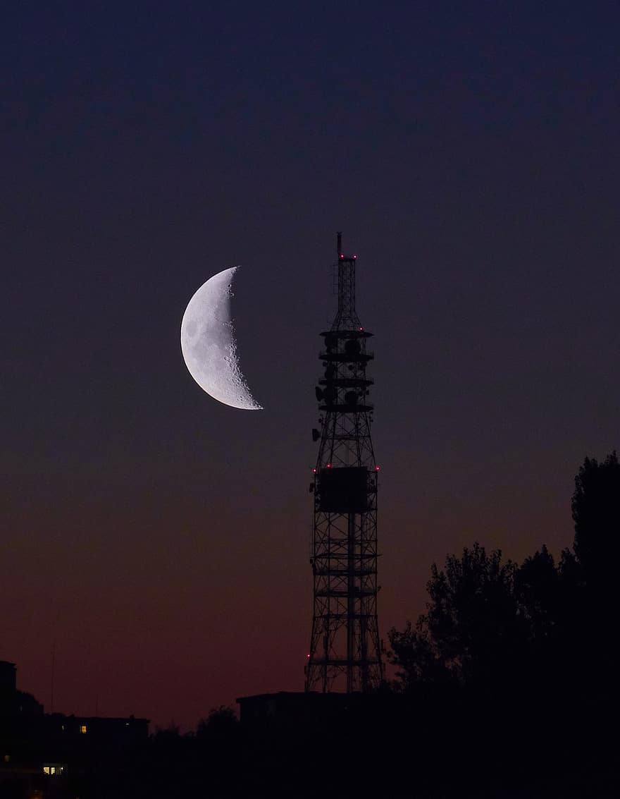 księżyc, wieża, antena, podwójna ekspozycja, ciemny, sylwetka, noc, niebo, światło księżyca, maszt radiowy, stacja bazowa