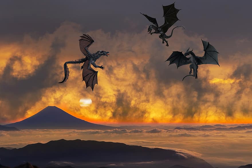вулкан, гори, хмари, захід сонця, дракон