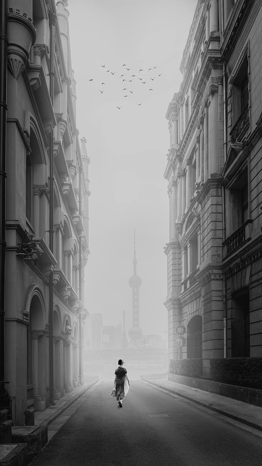 köd, város, épületek, utca, ködös táj, sikátor, építészet, városkép, városi élet, híres hely, fekete és fehér