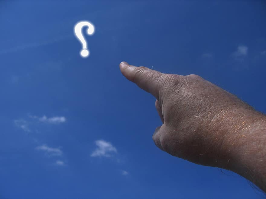 มือ, นิ้วชี้, สูง, ยิ่งใหญ่, แสดง, แนะนำ, เครื่องหมายคำถาม, ท้องฟ้า, เมฆ, คำถาม