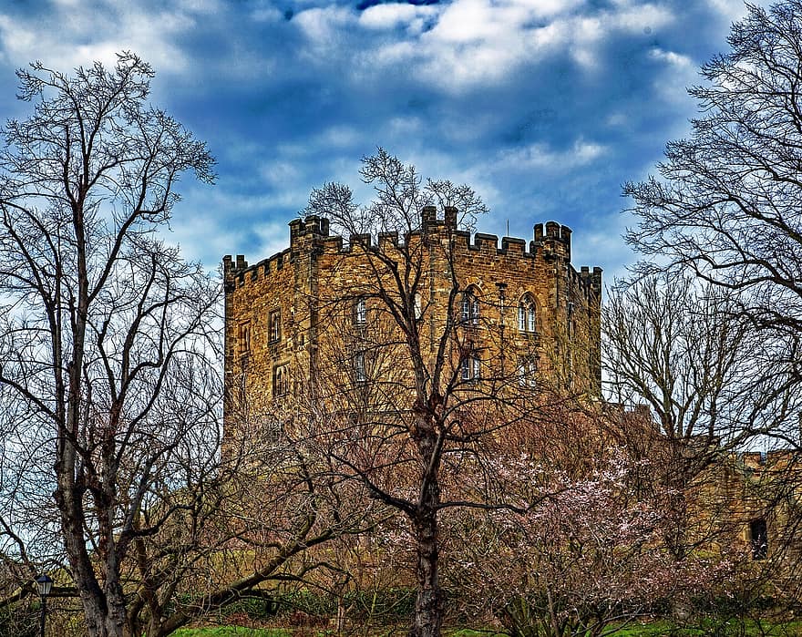 Durham, durham linna, arkkitehtuuri, linna, historia, vanha, kuuluisa paikka, puu, rakennuksen ulkoa, rakennettu rakenne, sininen
