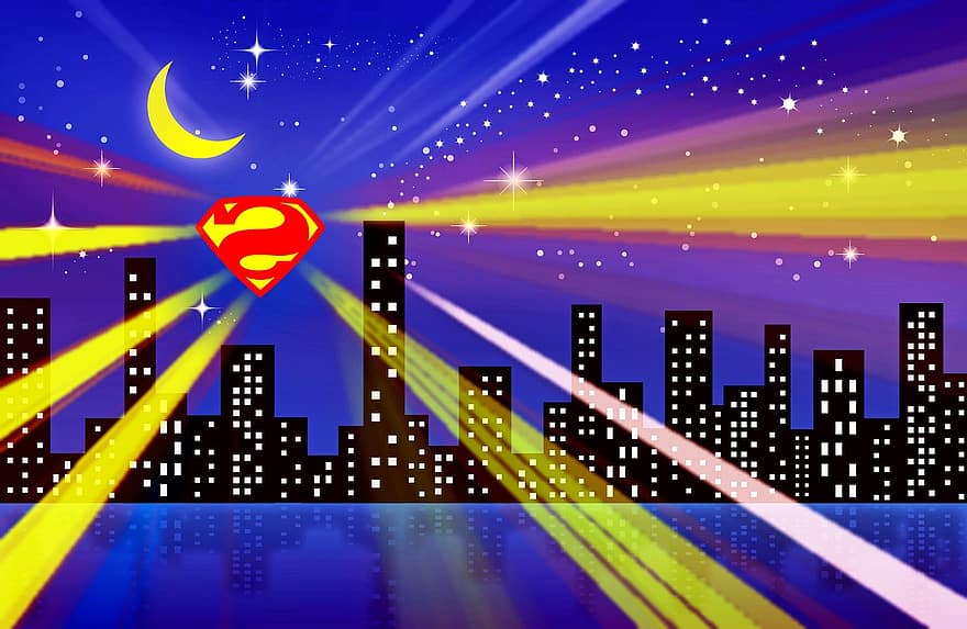 свръхчовек, Супермен Сити, супергерой, небе, силует, фантазия, комичен, светлини, Ню Йорк, небостъргач, герой