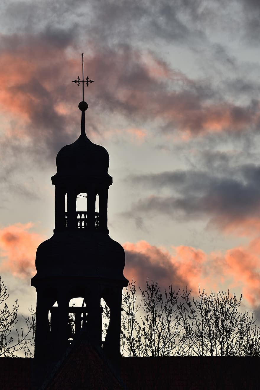 monastère, église, clocher de l'église, silhouette, le coucher du soleil, heure bleue, des nuages