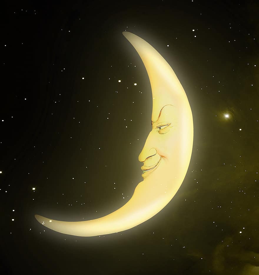 Moon, Face, Man In The Moon, Night, Artwork, Glowing, Sky, Nighttime, Moonlight, Universe, Mystical