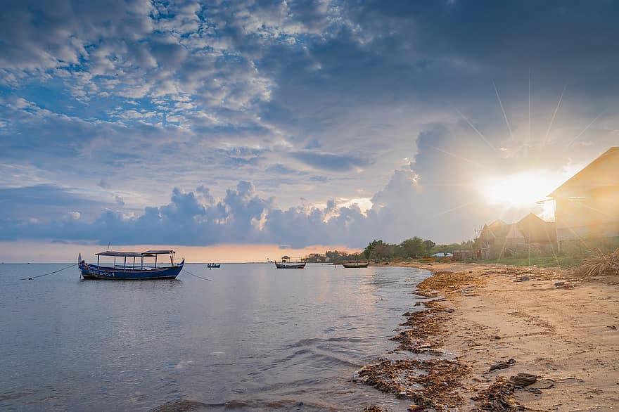 Pantai Teluk Awur Jepara, pláž, Indonésie, moře, loď, oceán, trajekt, ostrov, krajina, západ slunce