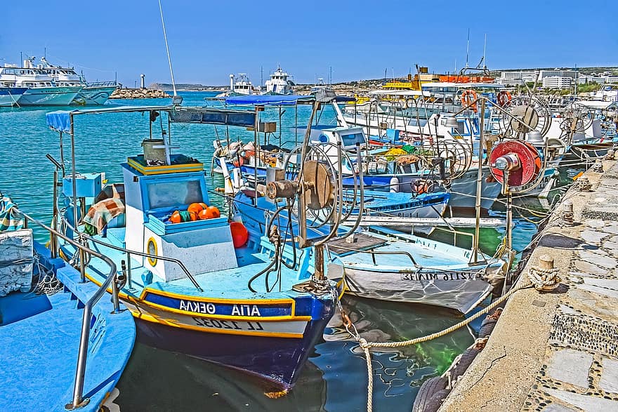 båtar, hamn, naturskön, resa, cypern, ayia napa, nautiska fartyget, vatten, fiske, kustlinje, turism