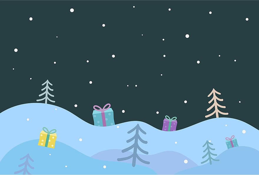 Kerstmis achtergrond, sneeuw, winter, presenteert, geschenken, kerstcadeau's, kerstcadeaus, geschenkdozen, achtergrond, behang, winter achtergrond