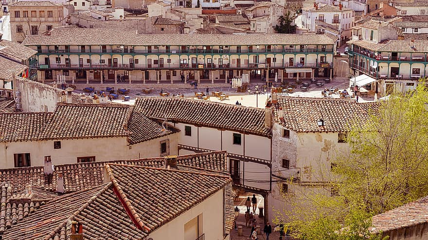 Budynki, plac, Miejski krajobraz, chinchón, dach, architektura, pejzaż miejski, na zewnątrz budynku, dachówka, kultury, historia