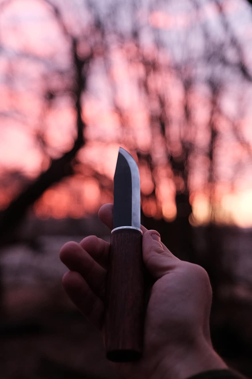 Knife, Bushcraft, Sunset, Forest, human hand, men, weapon, close-up, blade, holding, adult