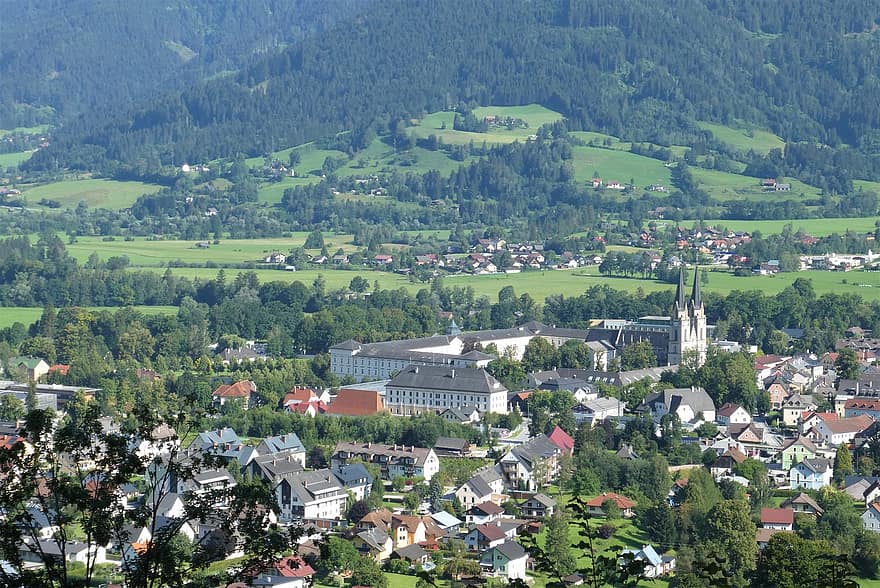 núi, thị trấn, austria, toàn cảnh, admont