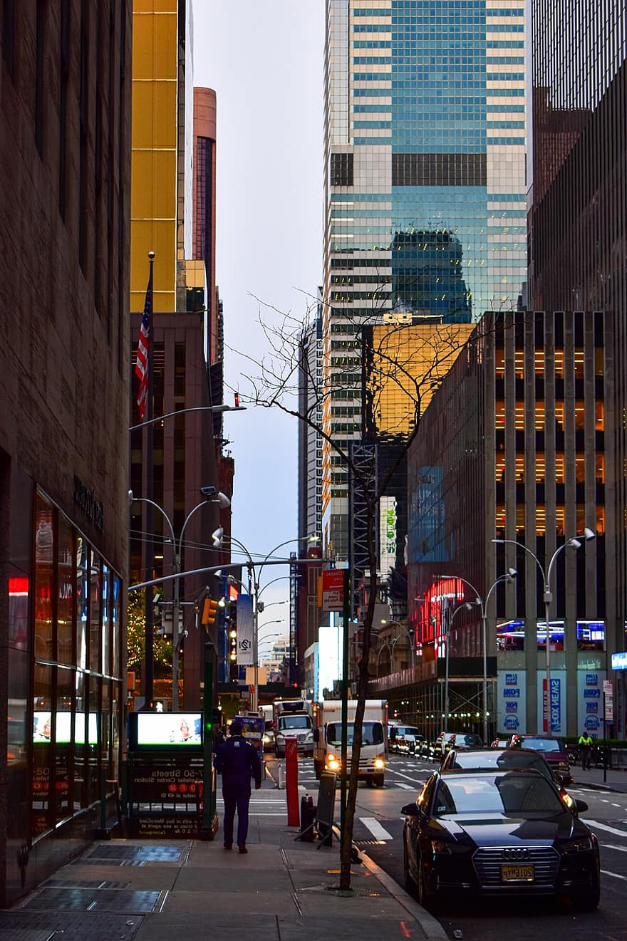 đại lộ, nyc, giao thông, đường đi bộ, ô tô, các tòa nhà, cao ốc văn phòng, thành phố, thành thị, cảnh quan đô thị, NY