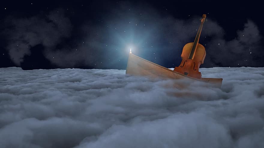 vene, sello, pilviä, yö-, kynttilä, tumma, taustat, puu, merenkulkualus, viulu, pilvi