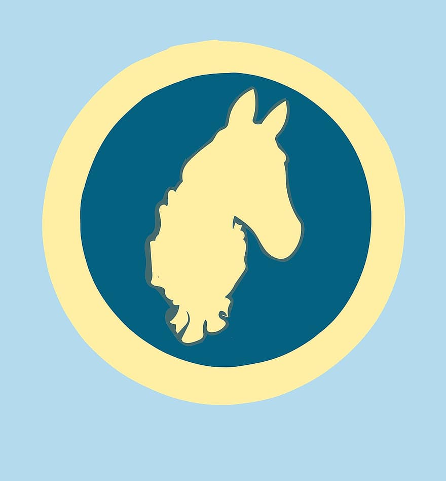 paard, hoofd, cirkel, icoon, sticker, achtergrond, geel, blauw, leuk