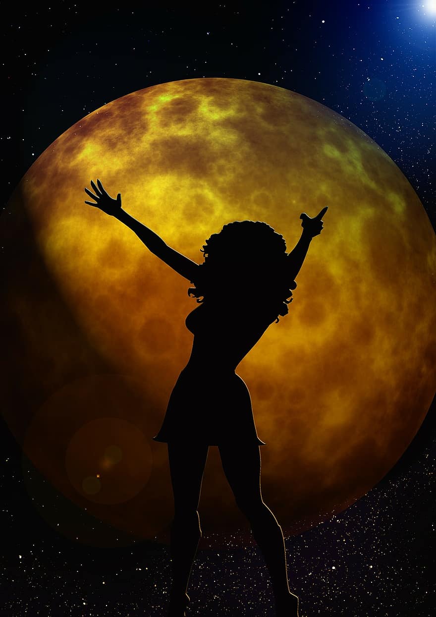Moon, Woman, Silhouette, Joy, Person, Human, Lust For Life, Cheers, Comfort, Be Pleased With, Satisfaction