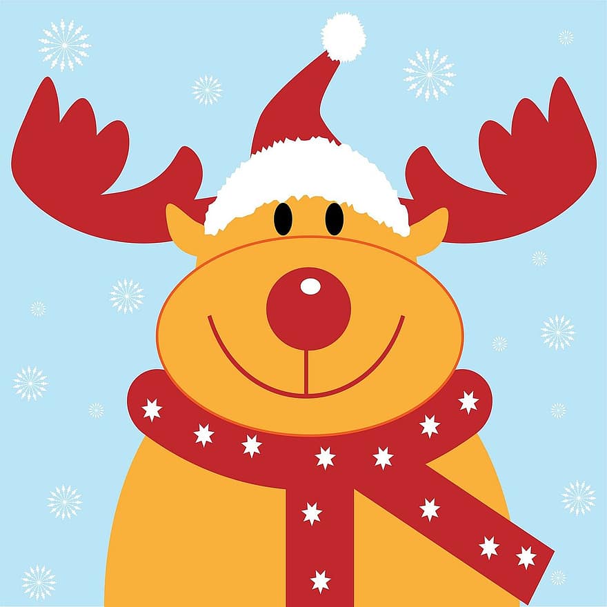 Karácsony, rénszarvas, Rudolph, hópelyhek, minta, háttér, Művészet, rajzfilm, aranyos, piros, orr