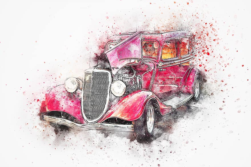 cotxe, vermell, oldtimer, aquarel·la, vintage, automàtic, retro, vehicle, roda, colorit, artístic
