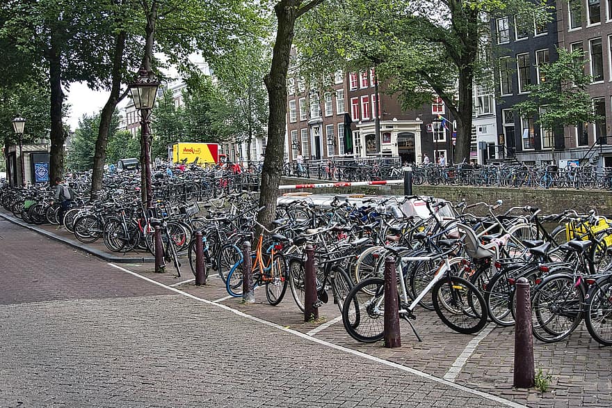バイク、パーキング、自転車、アムステルダム、南京錠