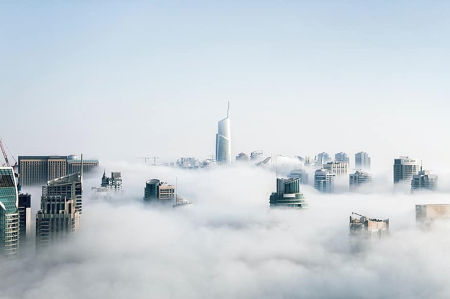 by, bygninger, skyer, tåget, tåge, skyskrabere, skyline, tårne, by-, downtown, hav af skyer