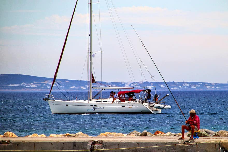 pêcheur, canne à pêche, pêche, voilier, Grèce, naxos, navire nautique, voile, yacht, les vacances, eau