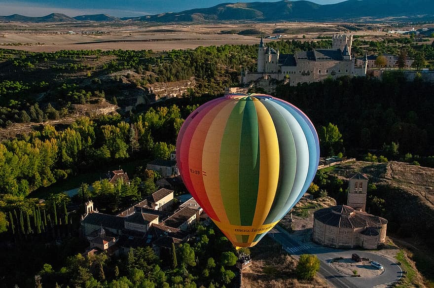 varmluftsballong, flying, natur, eventyr, landskap, utsikt, segovia