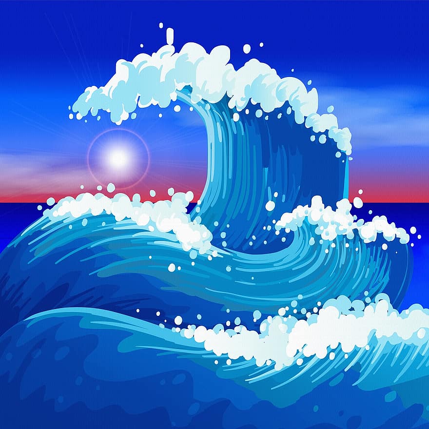 Японская волна, Японский океан, волны, японский язык, океан, море, воды, круг, синий, летом, природа