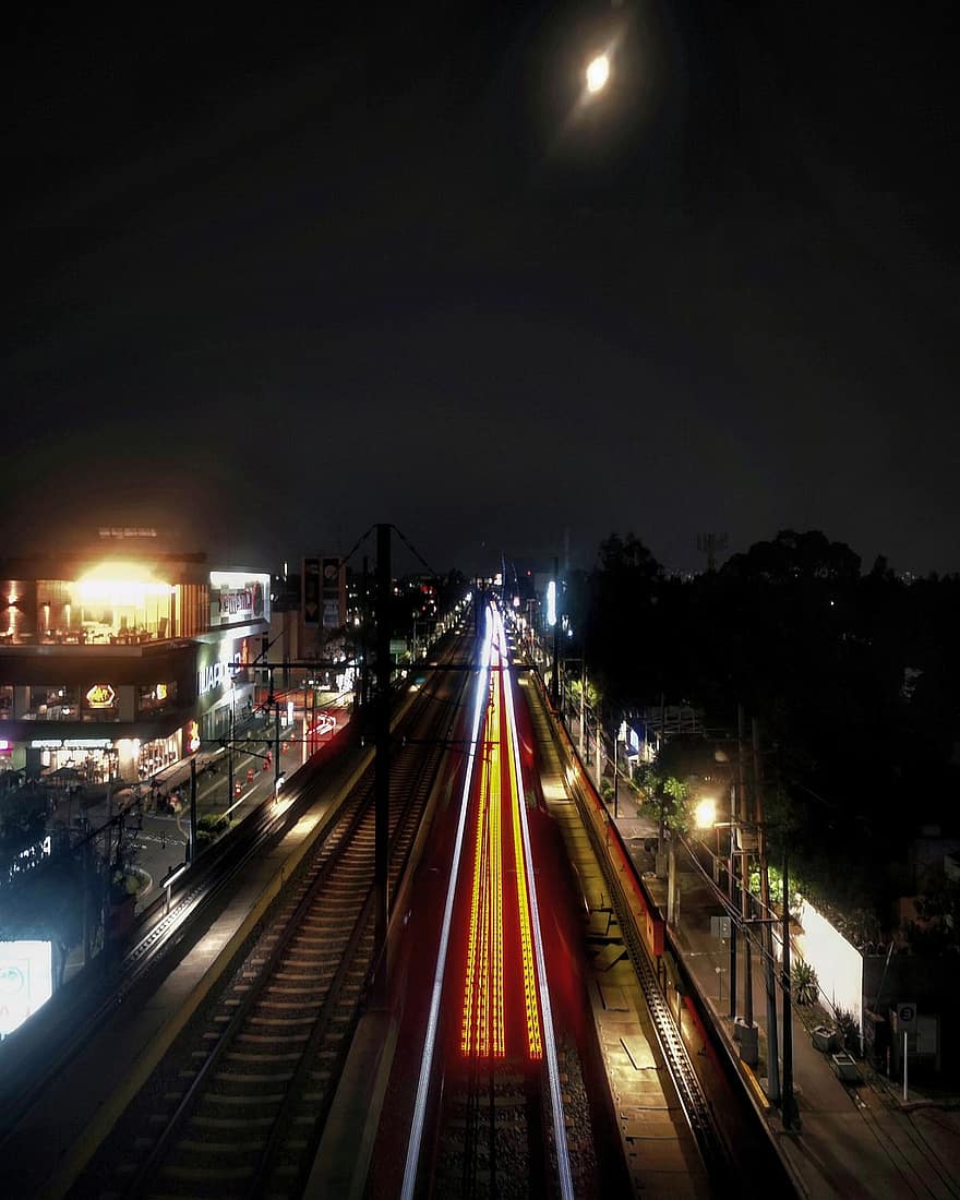 stad, rails, trein, metro, station, maan, nacht, stedelijk, stadsgezicht, verkeer, verlicht