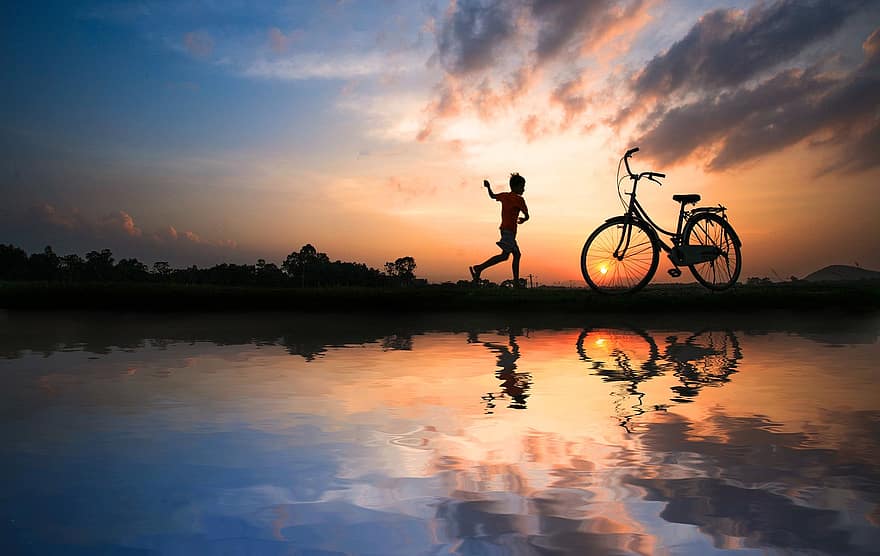 bicicleta, noi, posta de sol, paisatge, naturalesa, llac, sortida del sol