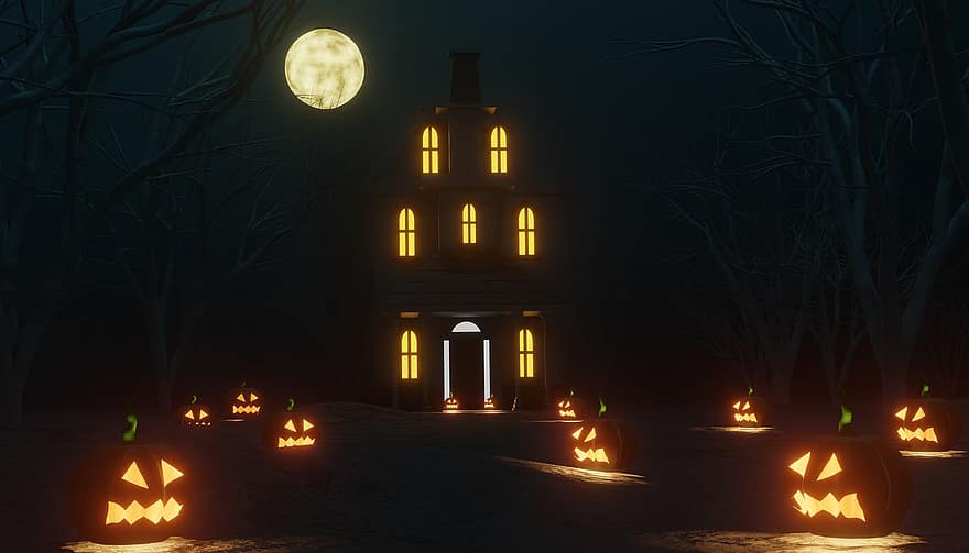 У дома, Хелоуин, обитаван от духове, нощ, охлаждане, тиква, луна, зловещ, тъмен, ужас, октомври