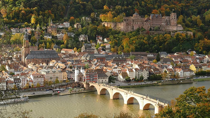 bro, by, turisme, Heidelberg, borg, arkitektur, bygning, historisk