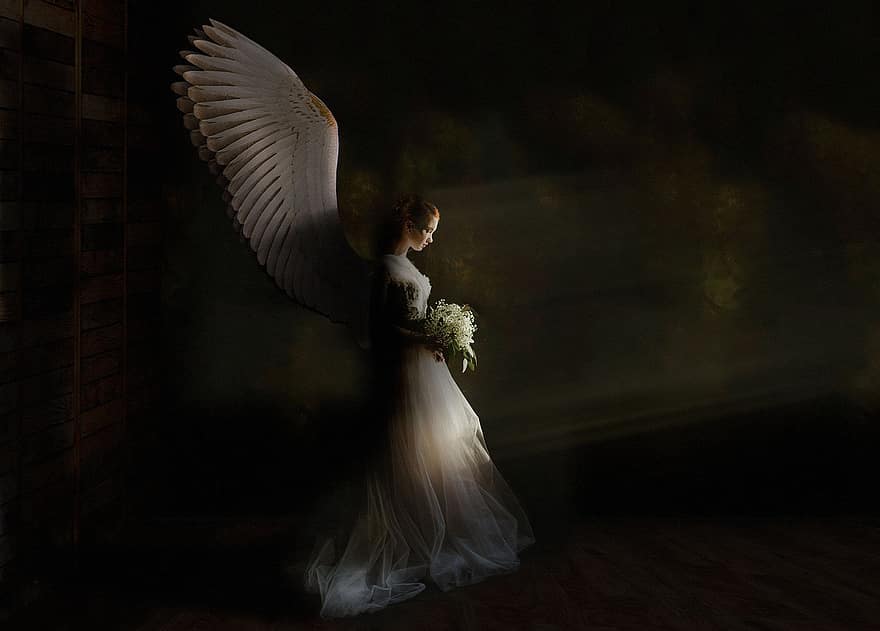 žena, víla, nevěsta, křídla, světelný tok, svatba, kytice, květiny, fantazie, křídlo, tapeta na zeď