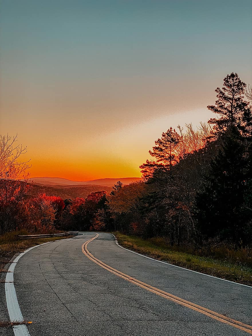 Talimena Scenic Drive, залез, есен, околност, път, полумрак, падане, Арканзас, природа, живописно шофиране