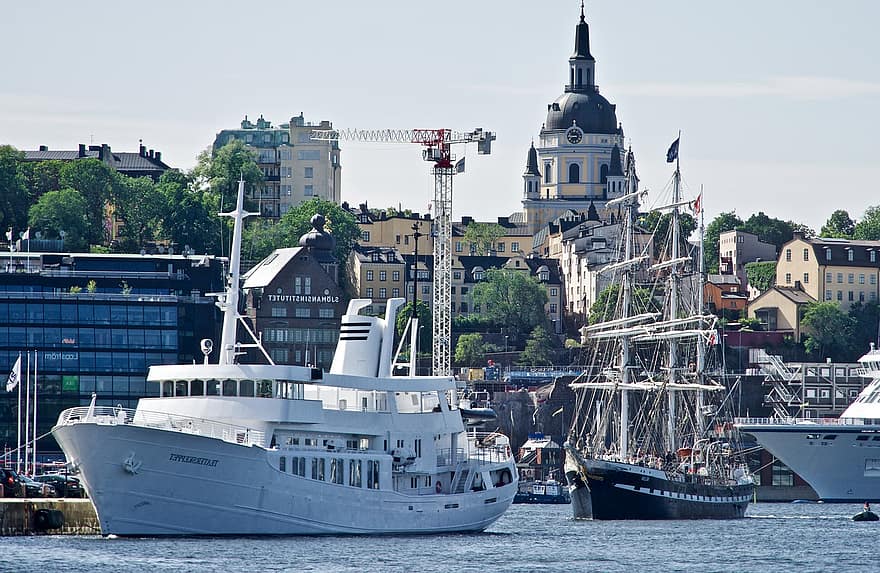Stockholm, haven, schepen, boten, stad, zee, Zweden, vervoer-, reizen