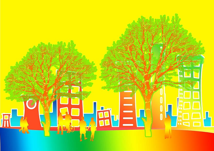 Stadt, Bäume, Stadtblick, animiert, Stadt leben, die Architektur, Haus, Häuser, Fenster, Collage, Szene