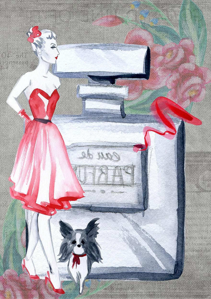 Chic, Retro, Perfume, French, Girl, Lady, Woman, Design, Artwork, Watercolor, Vintage