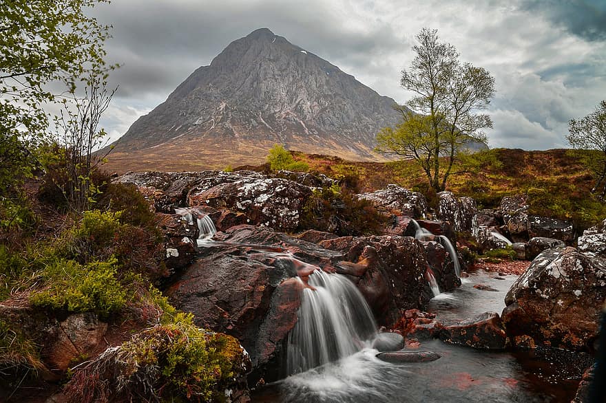 Góra, wodospad, wyżyny, rzeka, woda, szkocki, podróżować, wędrówki, atmosfera, dziki, szkocja